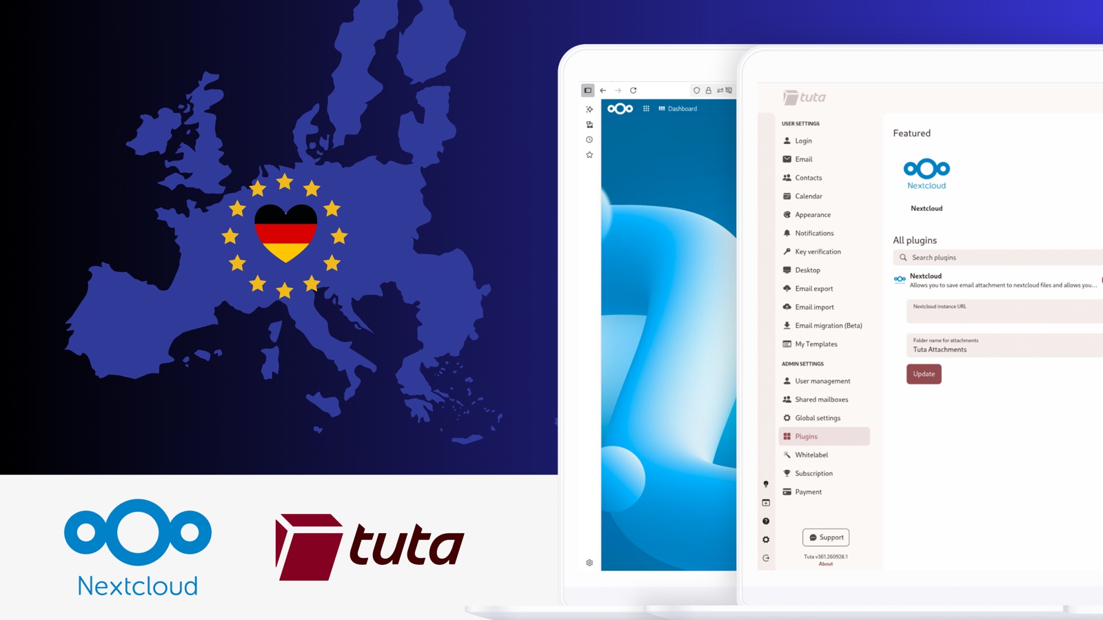Nextcloud and Tuta logos beside a map of Europe with a German heart